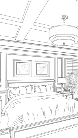 Male Hand Using Paint Roller to Reveal Before and After of Blueprint Drawing to Beautifully Finished Master Bedroom Remodel.