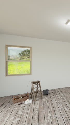 Male Hand Using Paint Roller to Reveal Before and After of an Unfinished House Interior to a Beautifully Renovated Remodel.