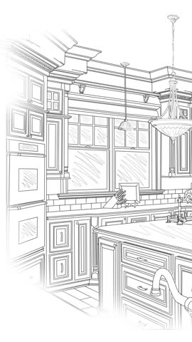 Male Hand Using Paint Roller to Reveal Before and After of Concept Architectural Line Drawing Design to Finished Kitchen Remodel.