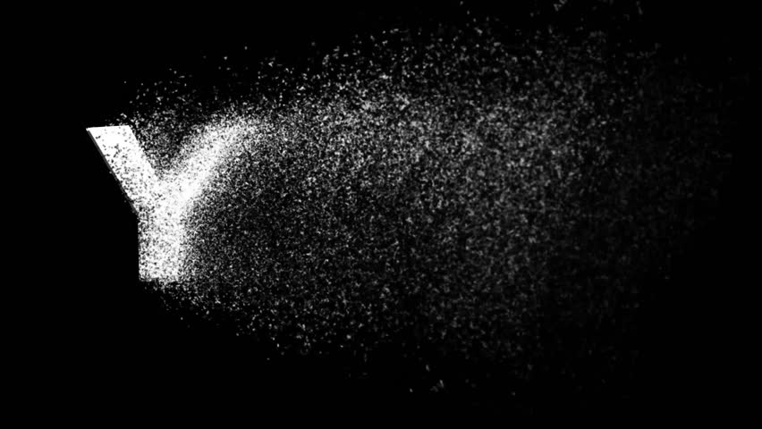 Disappearing English alphabet Y into small particles on plain black background