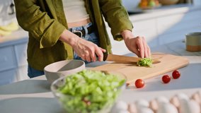 Woman hands slicing salad on chopping board home kitchen closeup. Girl hands cutting fresh greens with knife cooking lunch. Food enthusiast preparing healthy vitamin ingredients for vegetarian meal  - Powered by Shutterstock - Get 15% off with code: PIKWIZARD15