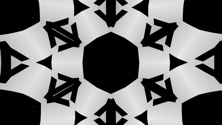 Abstract mandala kaleidoscope background featuring black and white typographic elements, hexagonal letter geometry unfolding in rhythmic dynamic motion, ornamental seamless animation design.