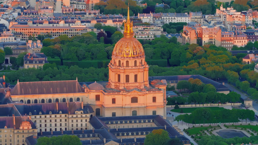 The center of Paris from the height of the Eiffel Tower. Main landmarks of European megapolis Les Invalides