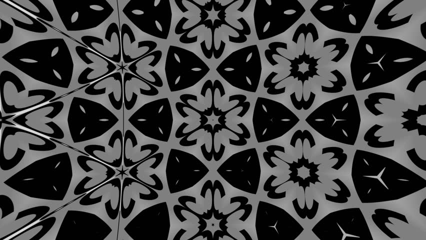 Abstract mandala kaleidoscope background with letters arranged in monochrome hexagonal ornamental symmetry, seamless rhythmic animation evolving in dynamic geometric minimalist motion.