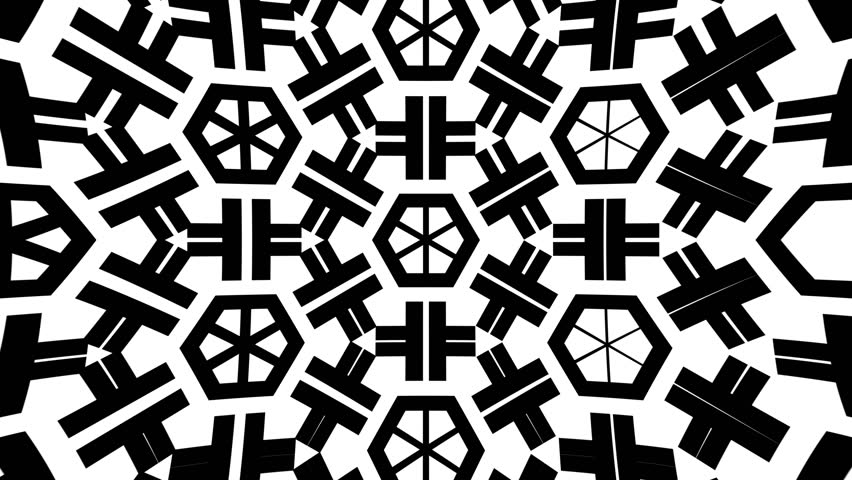 Abstract kaleidoscope mandala background of monochrome letters arranged into glowing hexagonal ornamental grids, seamless geometric dynamic animation with hypnotic rhythmic evolution.