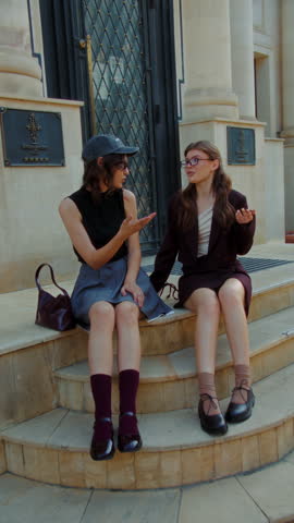 Two stylish young women sitting on steps and talking outdoors