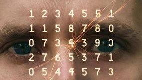 Human male eyes with digital numbers overlay futuristic data visualization artificial intelligence finance analytics cyber technology man innovation virtual reality blockchain coding business future - Powered by Shutterstock - Get 15% off with code: PIKWIZARD15