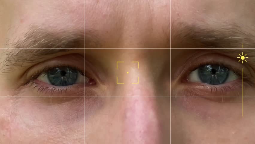 POV mobile phone screen close up male eyes of man choosing light focus on photography blogger video blogging influencer working with camera exposure lens flare sunlight reflection for content creation