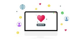 A vibrant illustration depicting a computer screen displaying a prominent Donate button, surrounded by hearts, currency, and user icons, symbolizing charity 4k - Powered by Shutterstock - Get 15% off with code: PIKWIZARD15