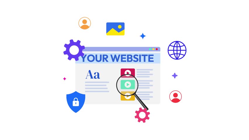 Vibrant illustration concept of website interface showcasing secure content, user profiles, video players, and settings, emphasizing a comprehensive and user-friendly online experience, 4k animation