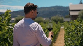 Tourist enjoys a sip of red wine while standing among vineyard rows. Man in casual shirt tastes Cabernet, Malbec or Pinot Noir during winery visit. Scene reflects culture, relaxation and vacation mood - Powered by Shutterstock - Get 15% off with code: PIKWIZARD15