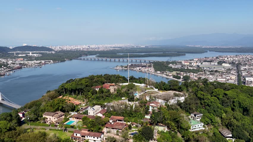 Sao Vicente Bay At Sao Vicente In Sao Paulo Brazil. Beach Skyline. Downtown Cityscape. Summer Travel. Sao Vicente Bay In Brazil. Traffic Bridge. Tropical Seascape.