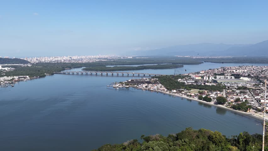 Sao Vicente Bay At Sao Vicente In Sao Paulo Brazil. Beach Skyline. Downtown Cityscape. Summer Travel. Sao Vicente Bay In Brazil. Traffic Bridge. Tropical Seascape.