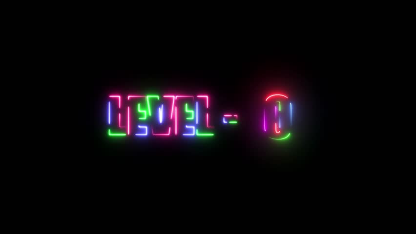 Neon line Level 0 text font animation. Vibrant neon glowing text displaying "LEVEL - 0" in a futuristic font. Multicolor light effect with a black background, ideal for gaming and digital interfaces.