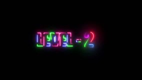 Neon line Level 2 text font animation. Vibrant neon glowing text displaying "LEVEL - 2" in a futuristic font. Multicolor light effect with a black background, ideal for gaming and digital interfaces. - Powered by Shutterstock - Get 15% off with code: PIKWIZARD15