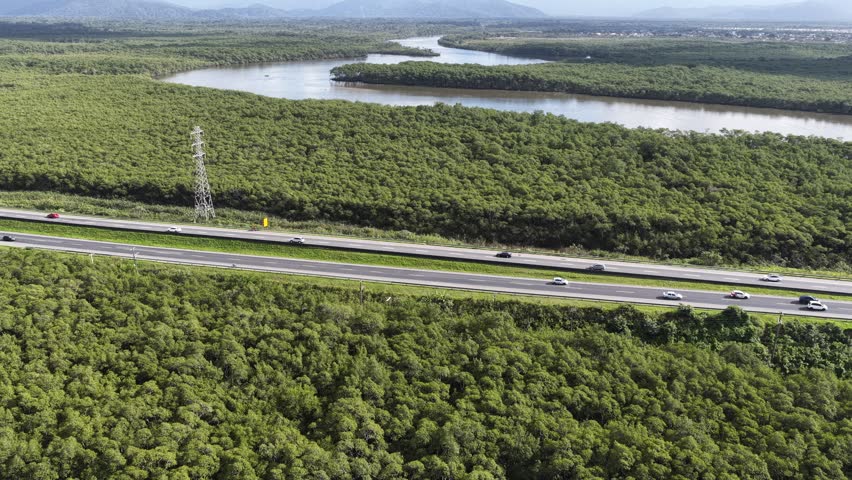 Highway Road At Itanhaem In Sao Paulo Brazil. Highway Landscape. River Skyline. Tropical Travel. Highway Road At Itanhaem In Sao Paulo Brazil. Outdoor Clear Sky.