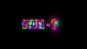 Neon line Level 6 text font animation. Vibrant neon glowing text displaying "LEVEL - 6" in a futuristic font. Multicolor light effect with a black background, ideal for gaming and digital interfaces. - Powered by Shutterstock - Get 15% off with code: PIKWIZARD15