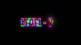 Neon line Level 7 text font animation. Vibrant neon glowing text displaying "LEVEL - 7" in a futuristic font. Multicolor light effect with a black background, ideal for gaming and digital interfaces. - Powered by Shutterstock - Get 15% off with code: PIKWIZARD15