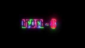 Neon line Level 8 text font animation. Vibrant neon glowing text displaying "LEVEL - 8" in a futuristic font. Multicolor light effect with a black background, ideal for gaming and digital interfaces. - Powered by Shutterstock - Get 15% off with code: PIKWIZARD15