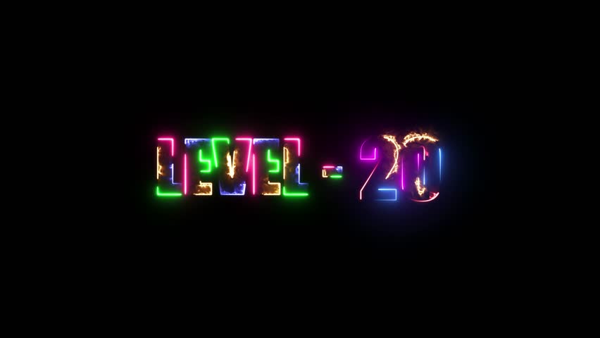Neon line Level 0 text font animation. Vibrant neon glowing text displaying "LEVEL - 20" in a futuristic font. Multicolor light effect with a black background, ideal for gaming and digital interfaces.