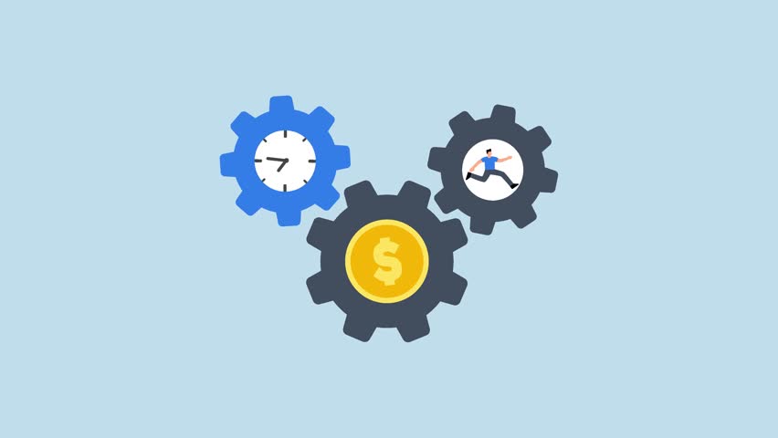 Effort and time to make money, entrepreneur sprinting intensely within gear mechanisms to rotate time and currency wheels