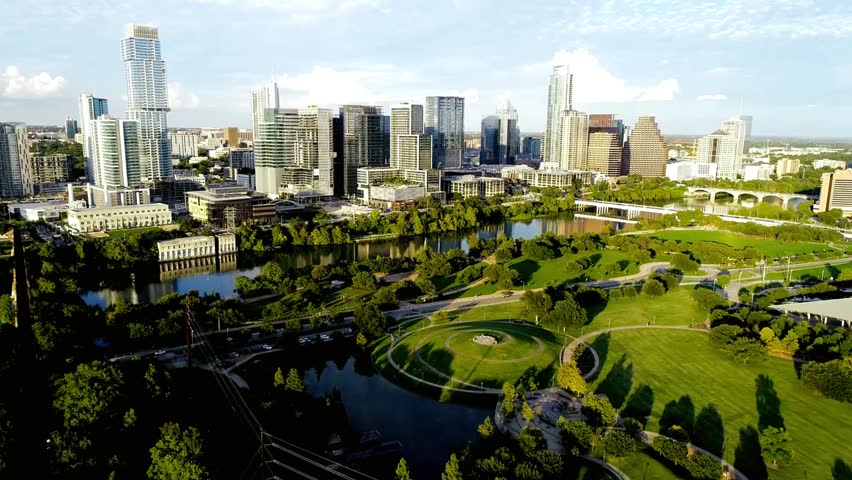 Aerial view of the austin skyline with the park and lake in texas, usa