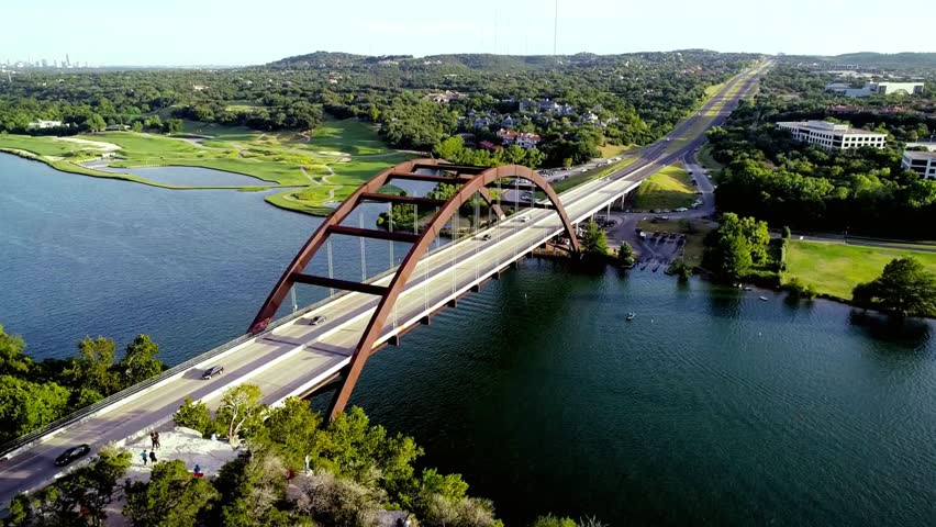 Aerial view of pennybacker bridge over colorado river in austin, texas, usa