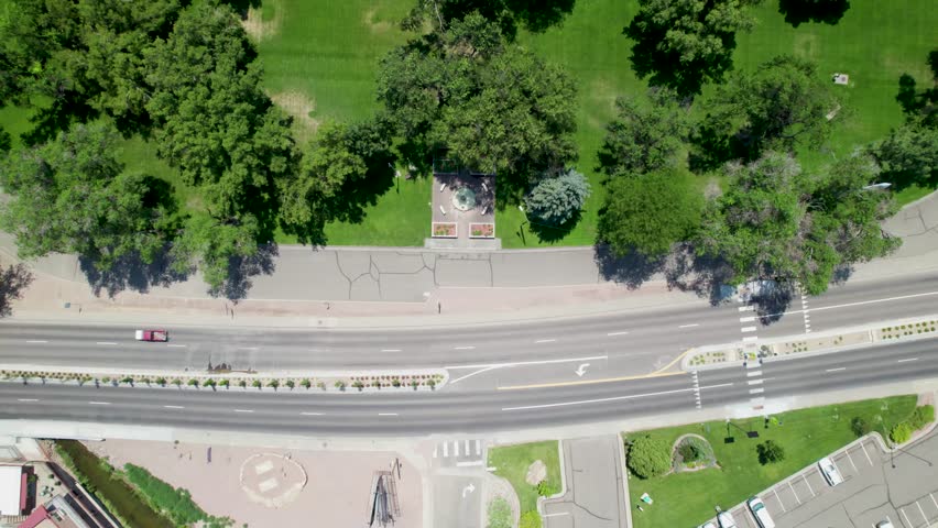 This is a an aerial video flying over Veterans park in Canon City, Colorado. Camera is looking down and flying over the park.