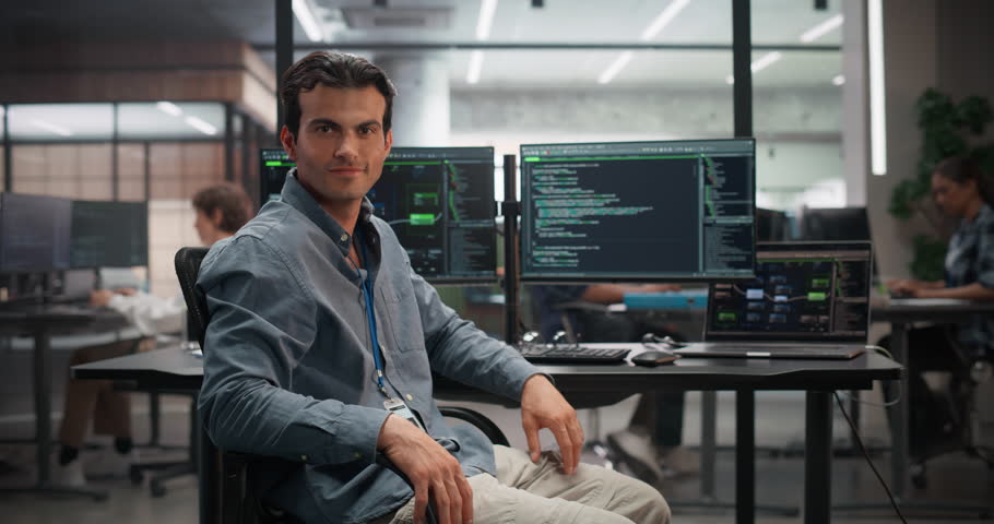 Portrait of a Young Handsome Software Engineer Turning to Look at a Camera, Pausing From Using a Desktop Computer in Office. Successful Information Technology Manager Working on Technology Projects