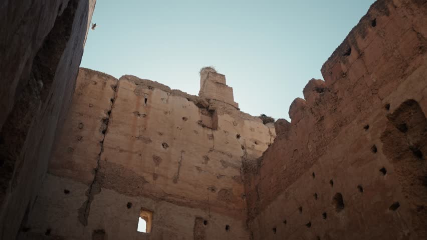 Bird flies above crumbling adobe walls inside the Medina of Marrakech