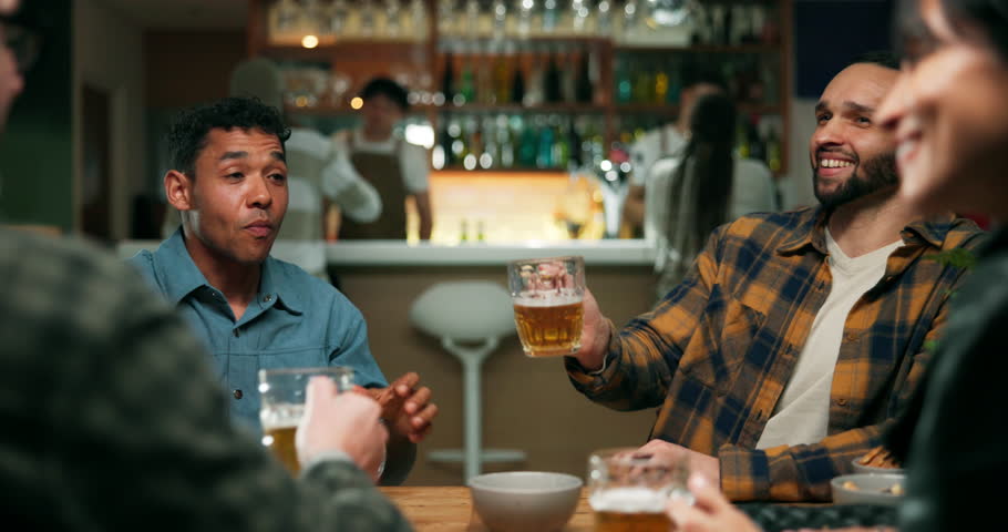 Night, cheers and group with beer in pub, laughing or celebration for reunion, friends and together. Social gathering, people and hangout with drinks in bar, evening and toast on break with alcohol