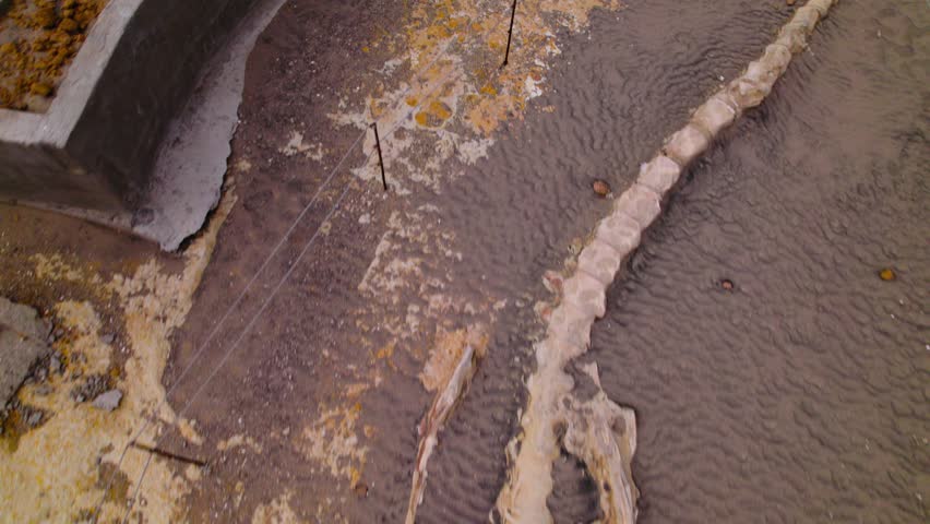 Zoom out shot of fossilized whale skeleton preserved in situ with protective barriers in a desert fossil site.