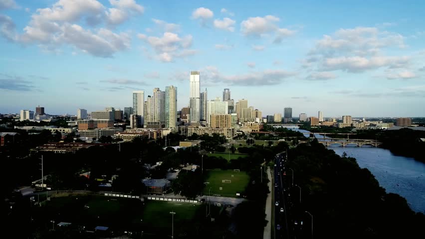 Panoramic aerial view of the austin, texas skyline on a bright sunny day