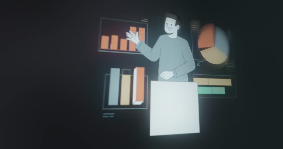Person standing behind a podium surrounded by charts and graphs