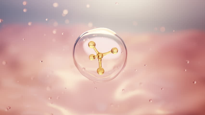 3D animation of a hyaluronic acid molecule encapsulated in a serum bubble, representing deep hydration, elasticity, and advanced skincare technology for beauty and wellness.