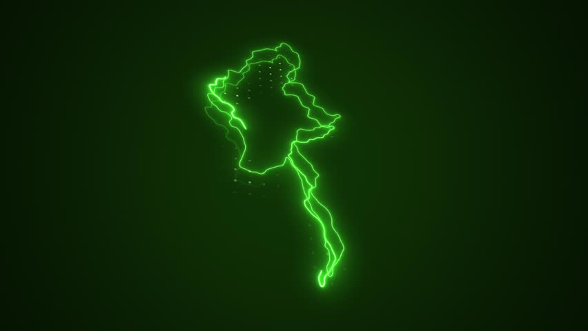 3D Moving Neon Green Myanmar Map Borders Outline Loop Background