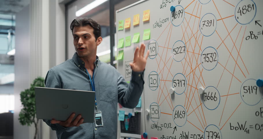 Multiethnic Handsome Man Making a Business and Technology Presentation, Holding a Laptop Computer and Using a Whiteboard Filled with Diagrams to Outline Project Development Goals