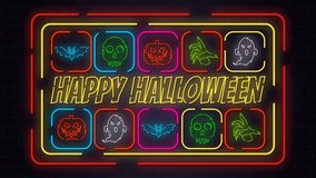 4K neon Halloween animation with glowing text and icons including bats, skulls, pumpkins, zombie hands, and ghosts on a dark brick wall background, perfect for party intros and spooky video loops. - Powered by Shutterstock - Get 15% off with code: PIKWIZARD15