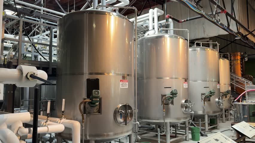 Large, stainless steel whisky fermentation tanks or washbacks at a brewery or distillery with no people - panning reveal