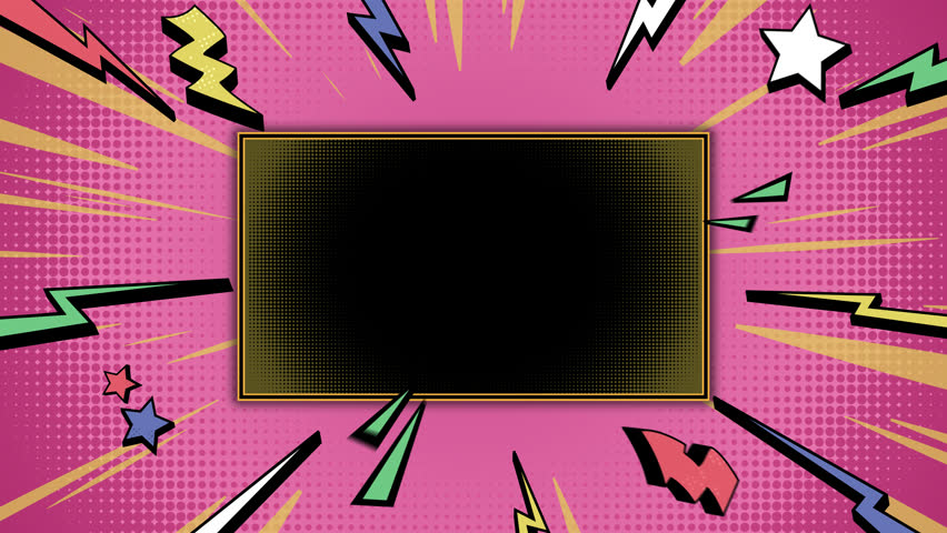 Pink comic book background exploding with colorful lightning bolts and stars surrounding a placeholder, perfect for adding text or images