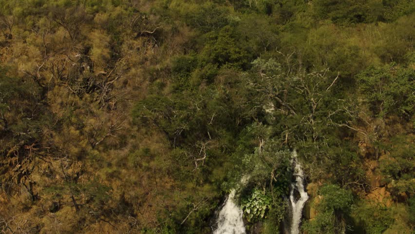 Drone footage of vibrant Turbinas waterfalls cascading in lush forests of Vista Hermosa, Jalisco. Capturing serene natural beauty with dynamic flow and rich greenery.