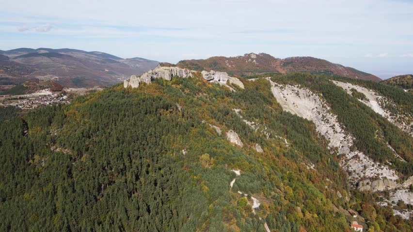 Aerial Autumn view of Belintash - ancient sanctuary dedicated to the god Sabazios at Rhodope Mountains, Bulgaria
