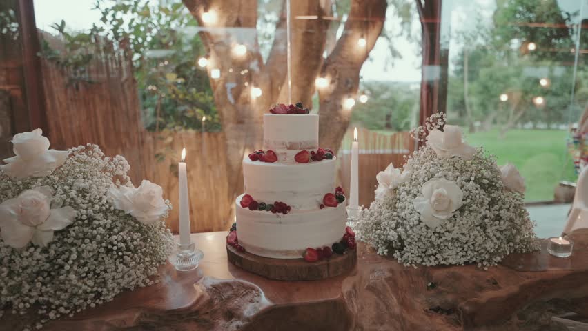 Three tier wedding cake with berries, candles, and white flower decorations