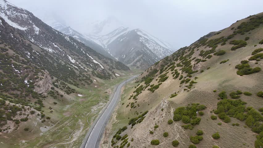 Aerial view of the Pamir Highway on the Kyrgyz side, one of the highest international roads in the world.	