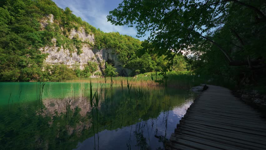 Famous Plitvice Croatia emerald lake with scenic wooden paths and forest trees in natural landscape.