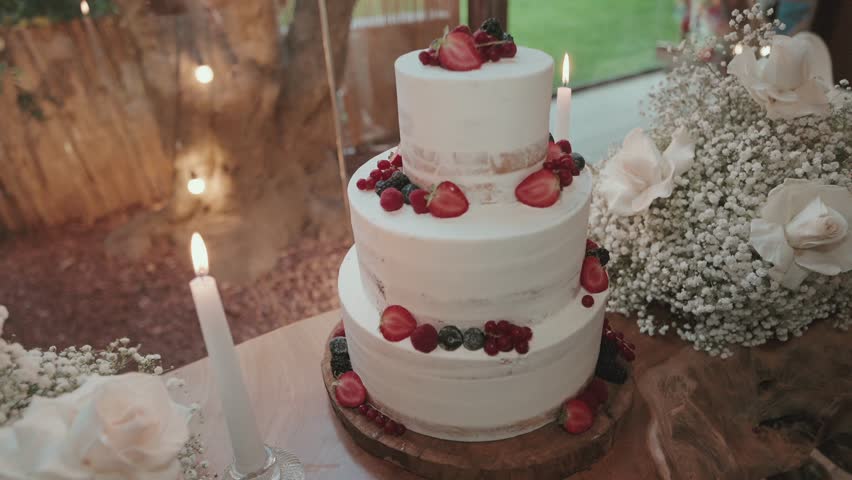 Three tier wedding cake with strawberries raspberries and blueberries in romantic decor