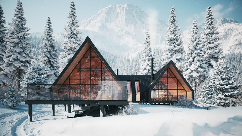 Cozy Cottage in Winter Forest – Snow-Covered Alpine Cabin Animation
