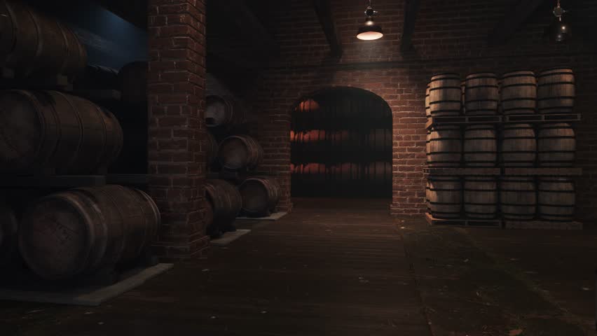 Wooden Wine Barrels in Cellar with Glass of Red Wine – Wine Vault Animation