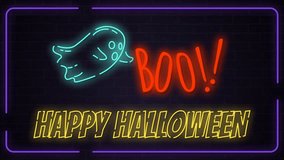 4K neon animation featuring glowing ghost, “BOO!” text, and “Happy Halloween” message on dark brick wall with purple frame, creating spooky, festive vibe for Halloween promos and digital display. - Powered by Shutterstock - Get 15% off with code: PIKWIZARD15