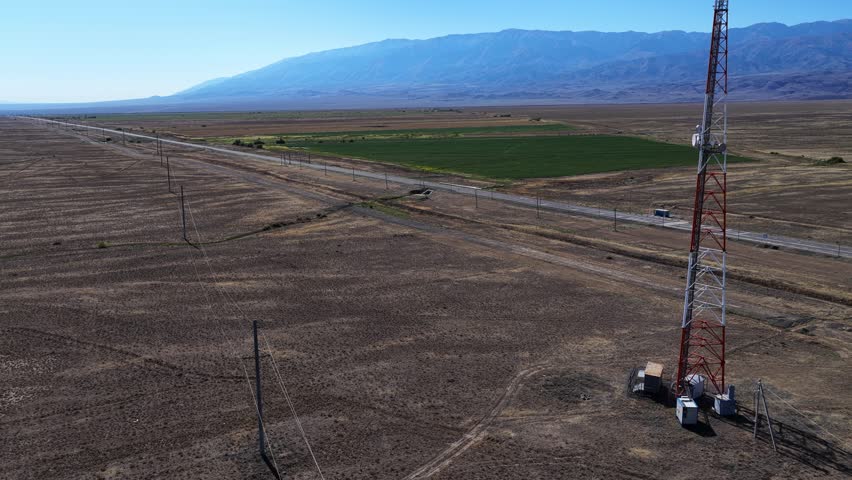 Telecommunication tower. The road to Lake Alakol. The view from the drone.